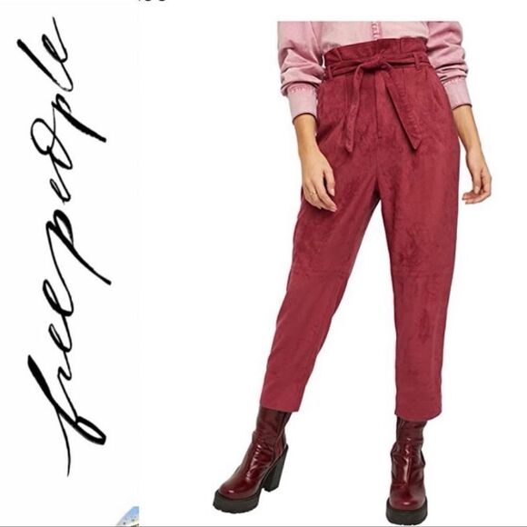 Free People Nightfall Vegan Suede Paper Bag Crop Pants Queen Pomegranate Sz 14 - Picture 1 of 14